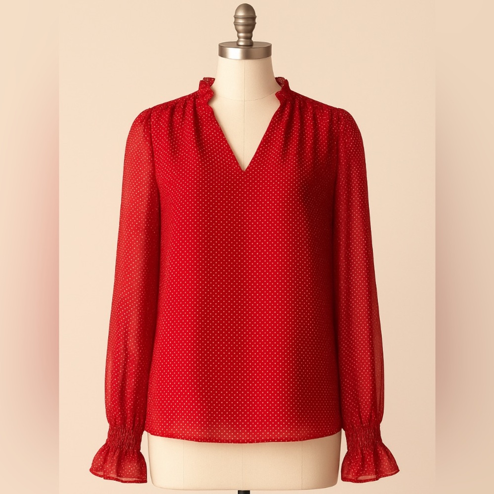 Marc Cain Burnt Red Sheer Polka Dot Blouse With Ruffle Collar